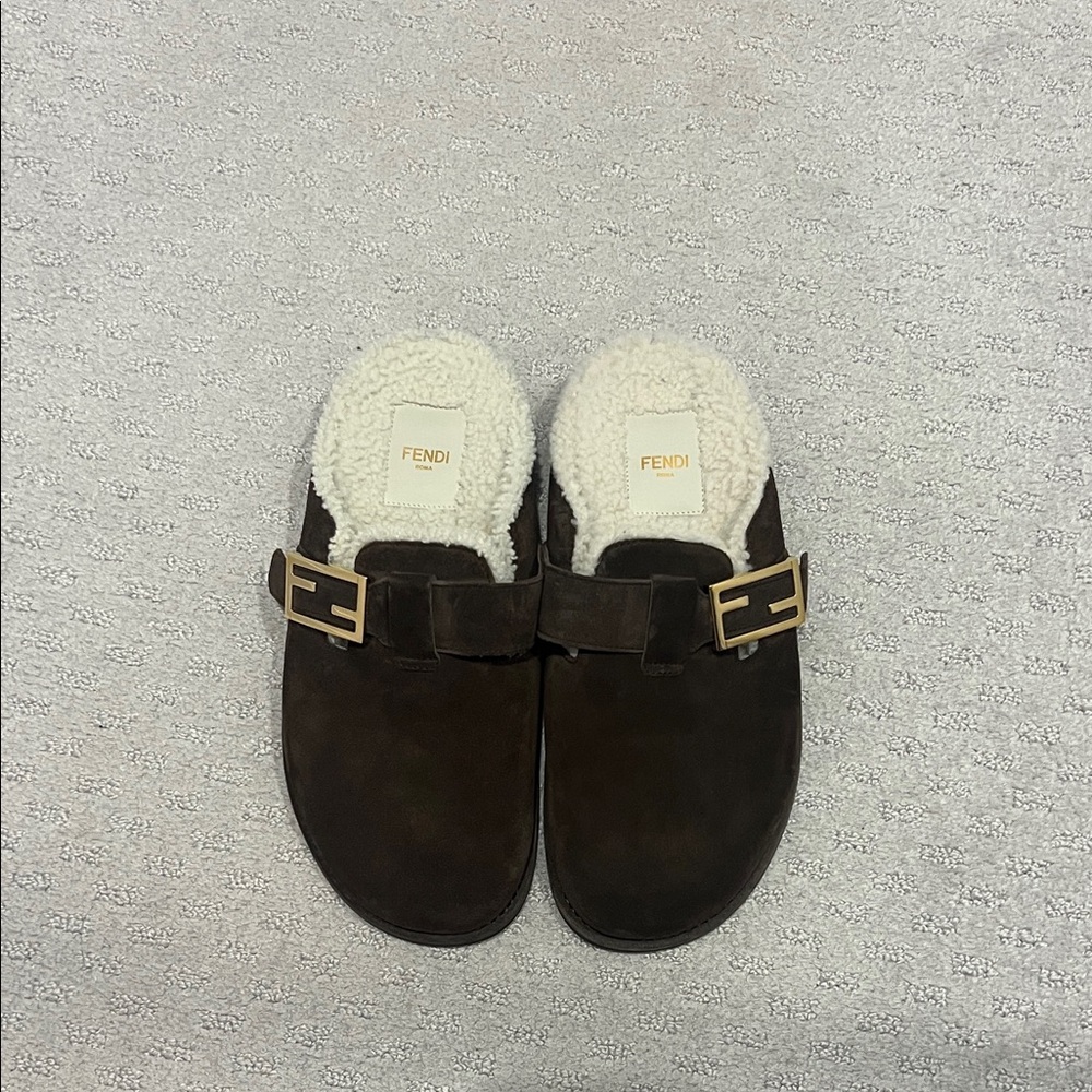 Fendi Dark Brown Shearling Mules with Gold Buckle Brand New